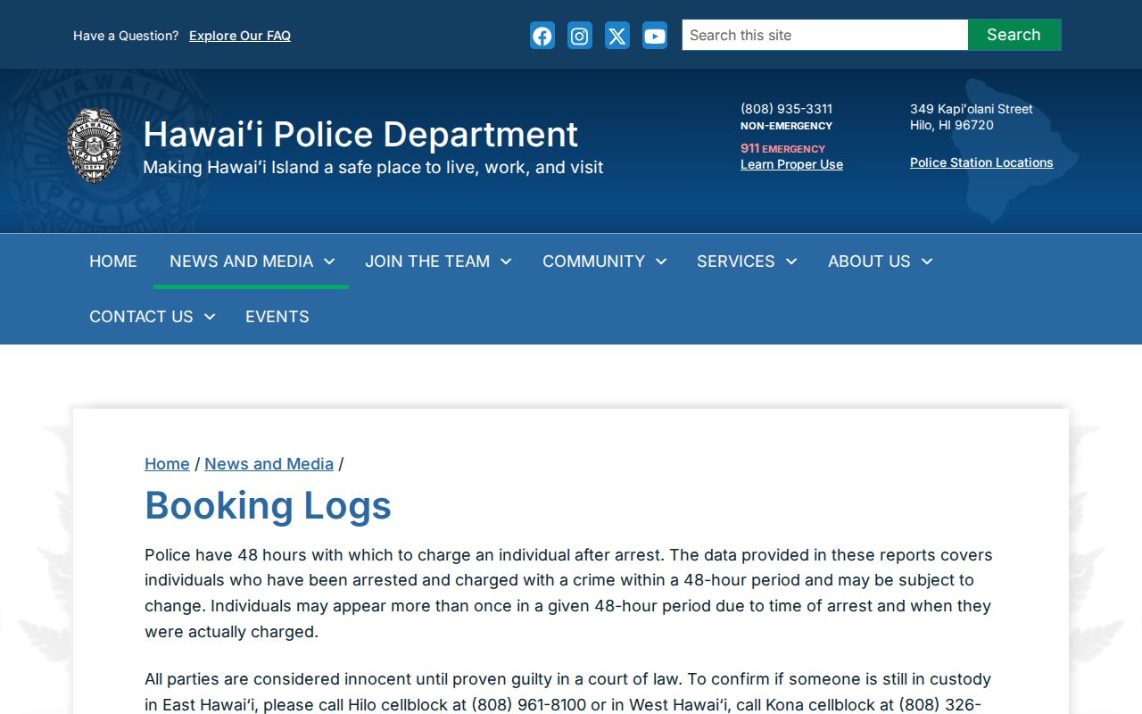 Hawaii County arrest records in official booking logs