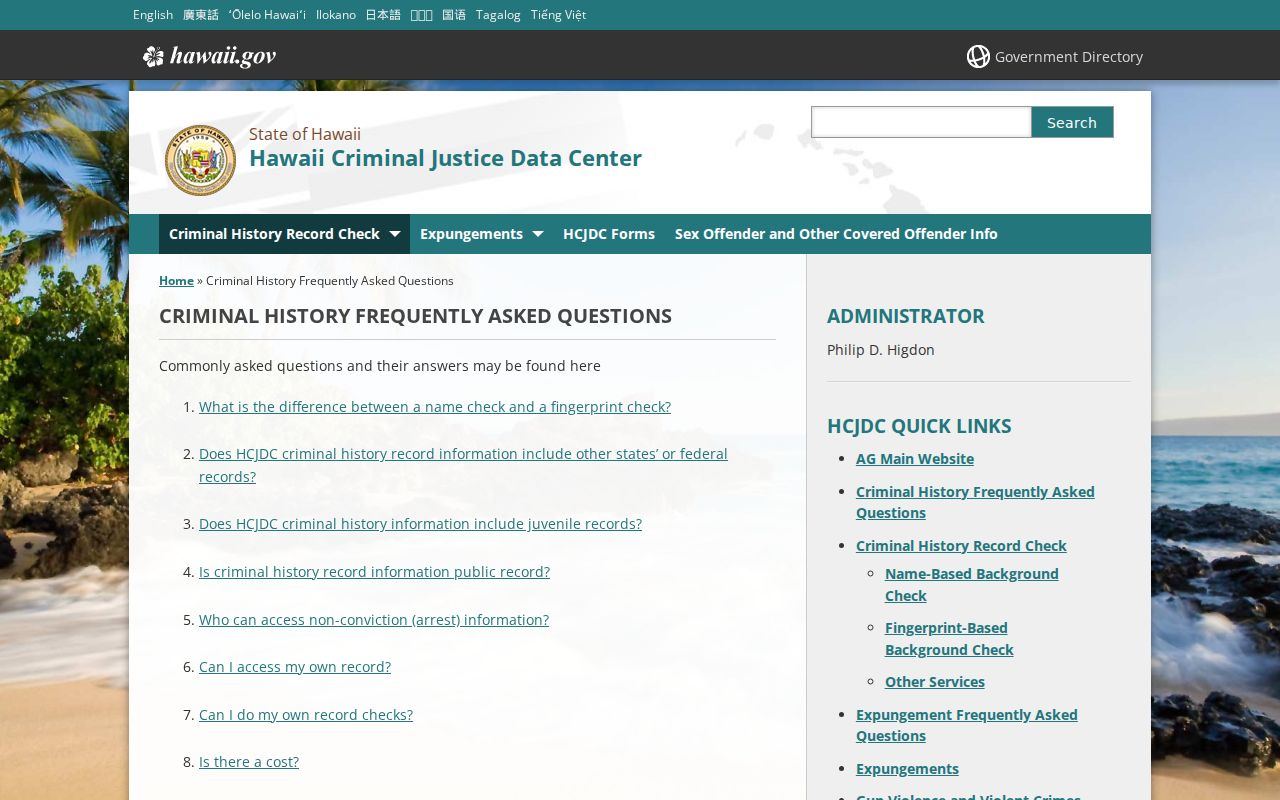 Hawaii County criminal history search fees and FAQ