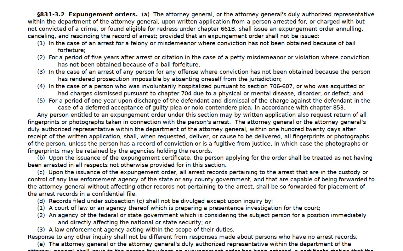 Hawaii County criminal history expungement law