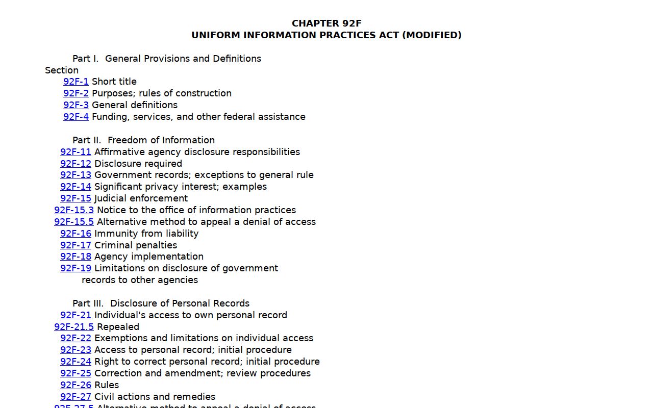Hawaii County criminal records UIPA chapter 92F